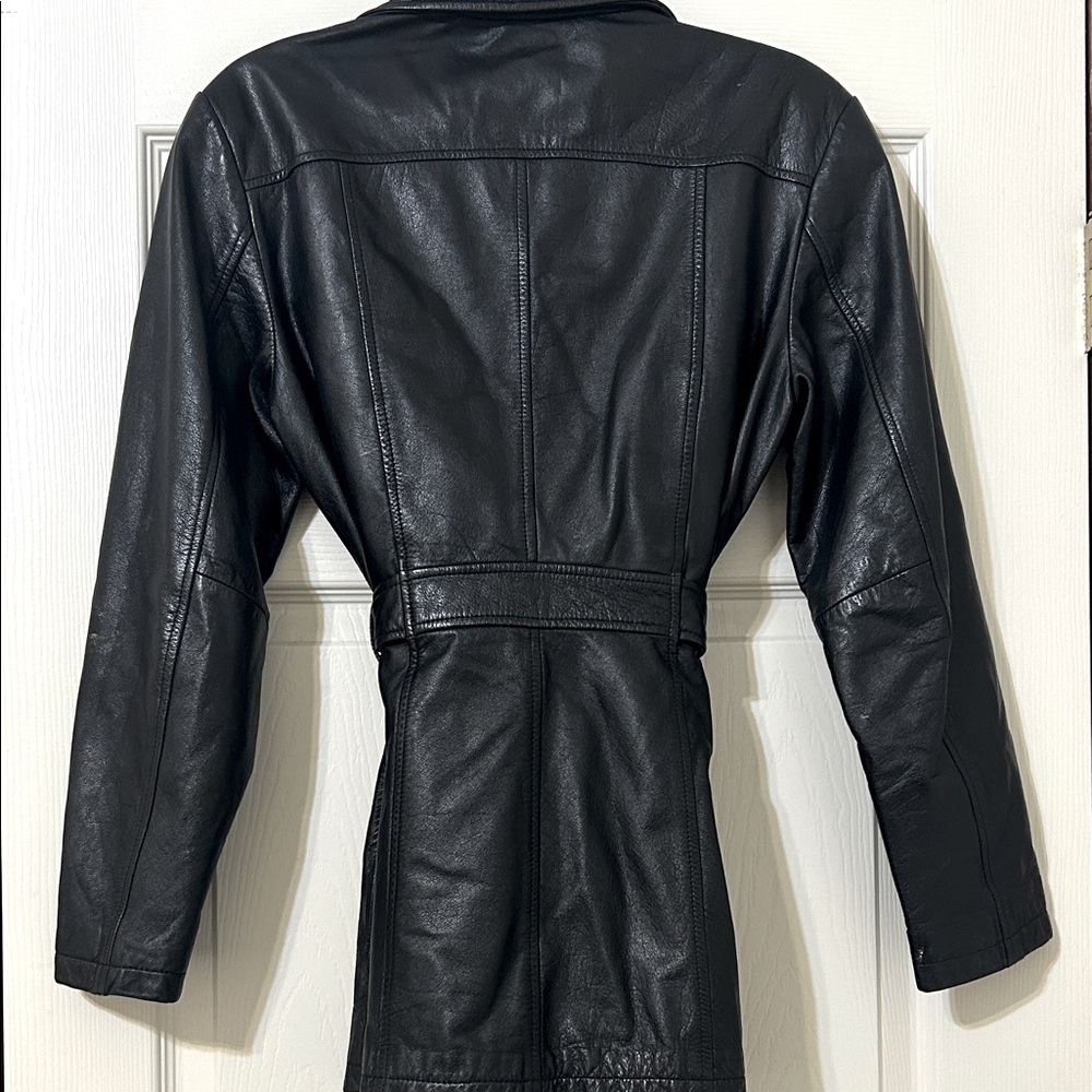 Vintage Jacqueline Ferrar Black Leather Coat with attached belt - Picture 3 of 12